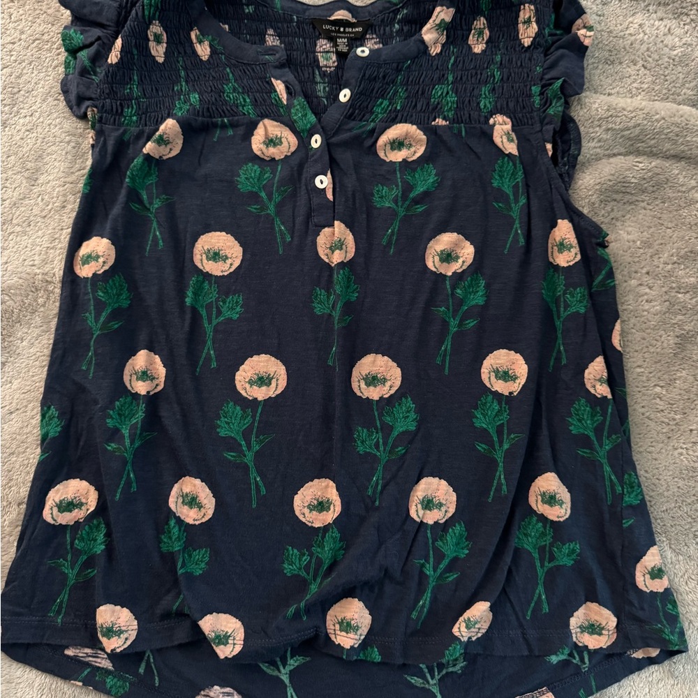 Lucky Brand Black Blouse with Ruffled Peter Pan Collar